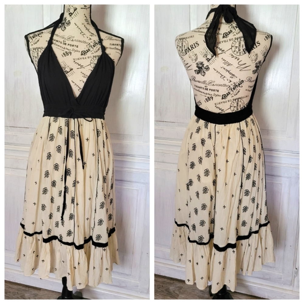 Lithe VIZCAYA Boho Hippie Halter Dress Embroidered Backless Ruffle Lace Tie Neck